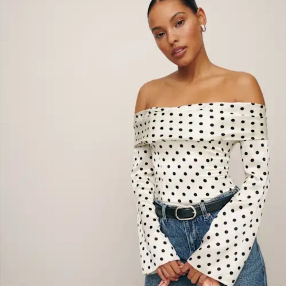 Reformation Niri Silk Top: off the shoulder white Top with black Polka Dots